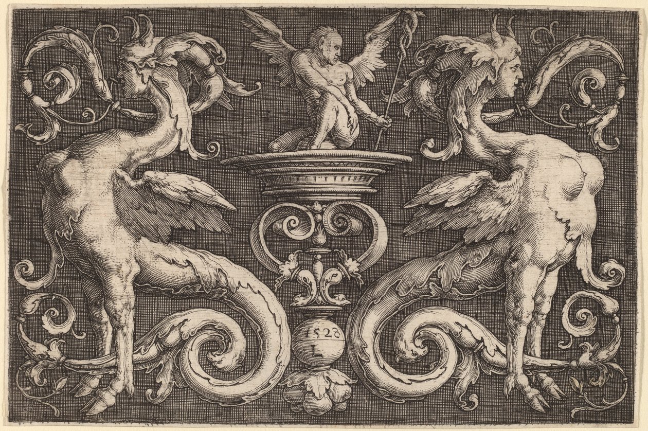 Ornamento com duas esfinges e um homem alado de Lucas van Leyden