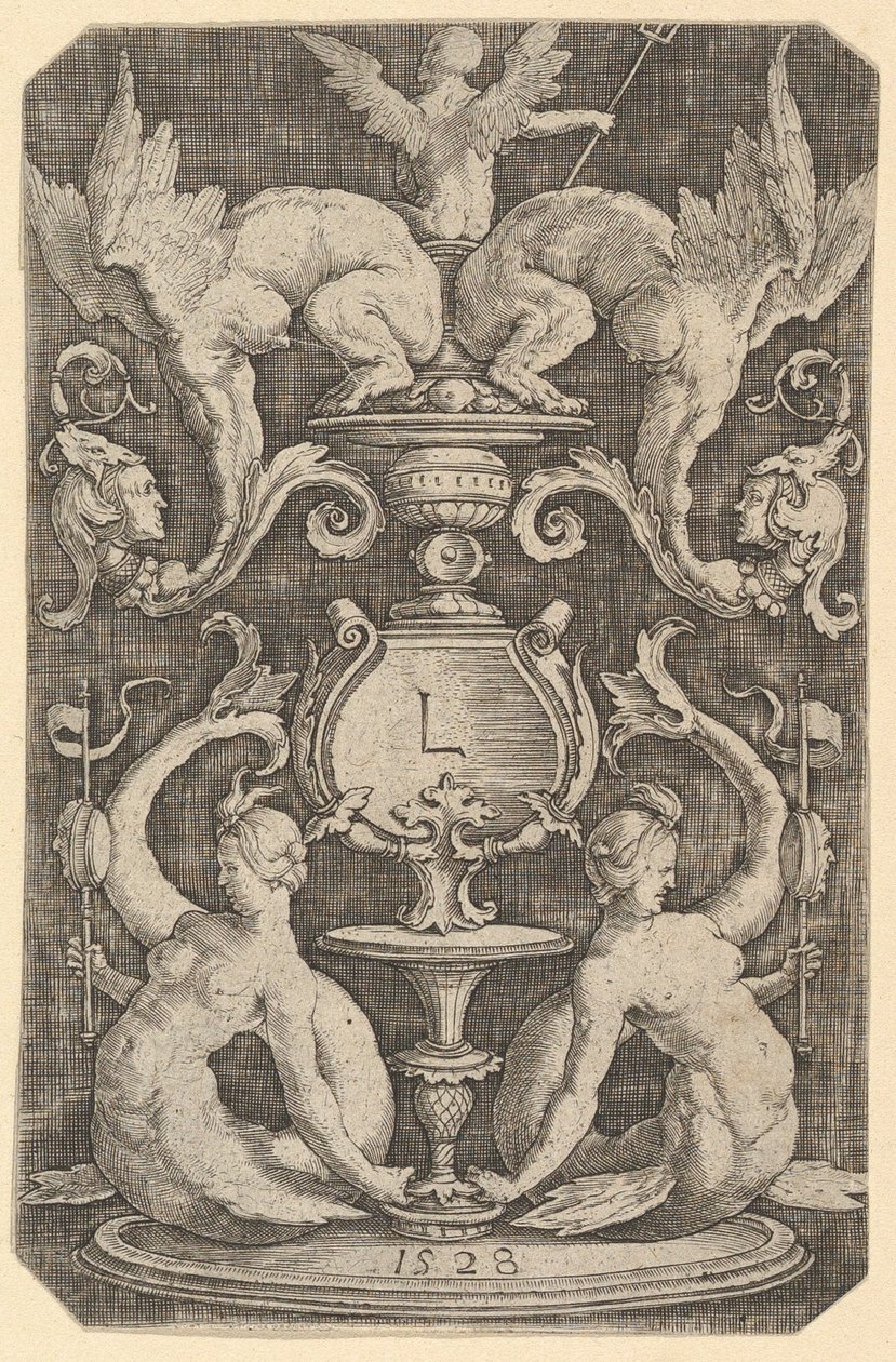 Painel de Ornamento com Duas Sirenes, 1528. de Lucas van Leyden