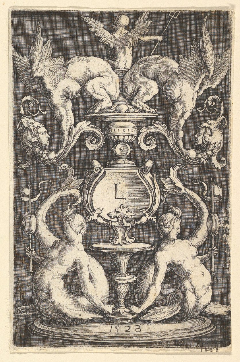 Painel de Ornamento com Duas Sirenes, 1528. de Lucas van Leyden