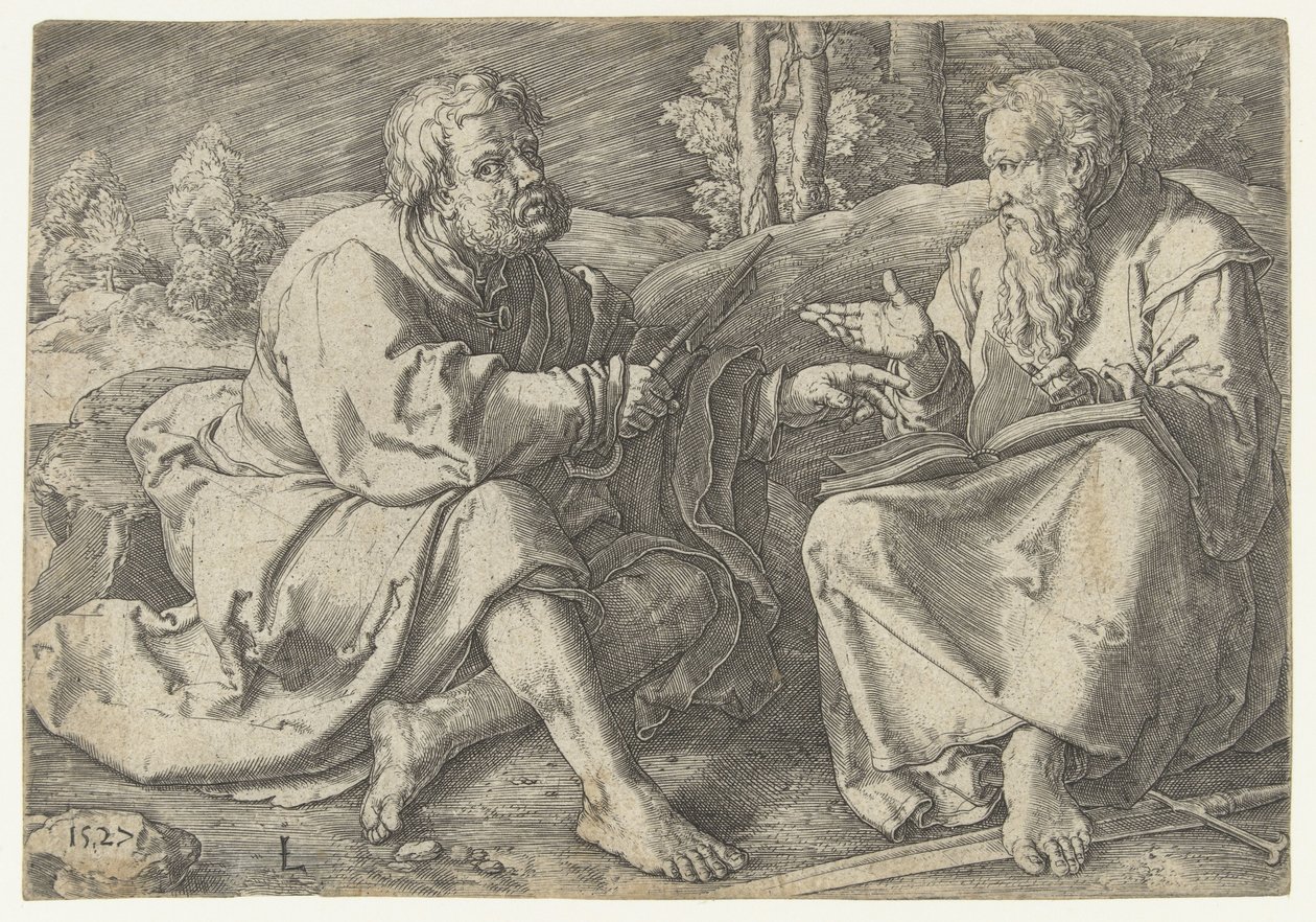 Paulo e Pedro sentados numa paisagem de Lucas van Leyden