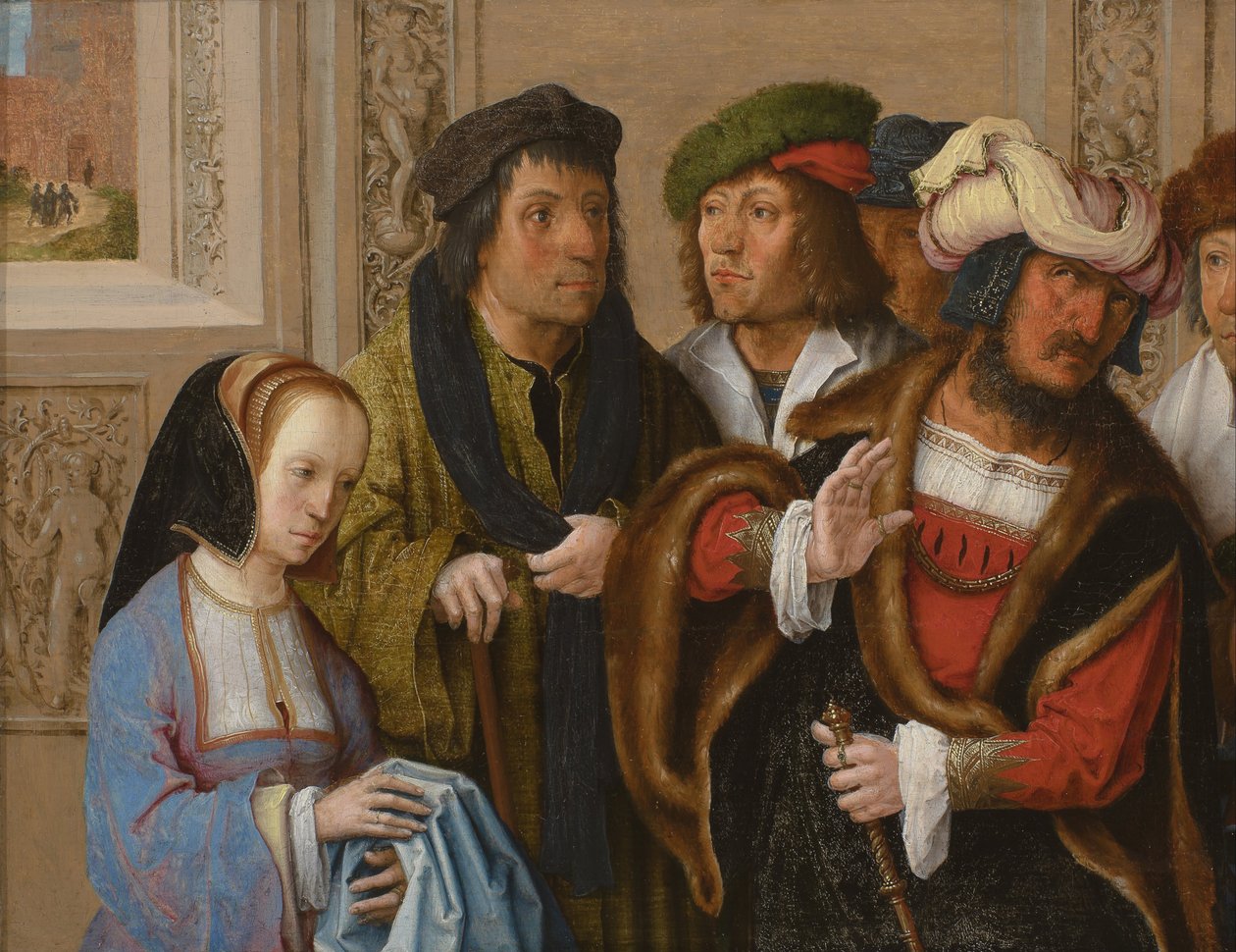 A mulher de Potifar mostra ao marido o manto de José. Ao fundo: José é levado para a prisão de Lucas van Leyden
