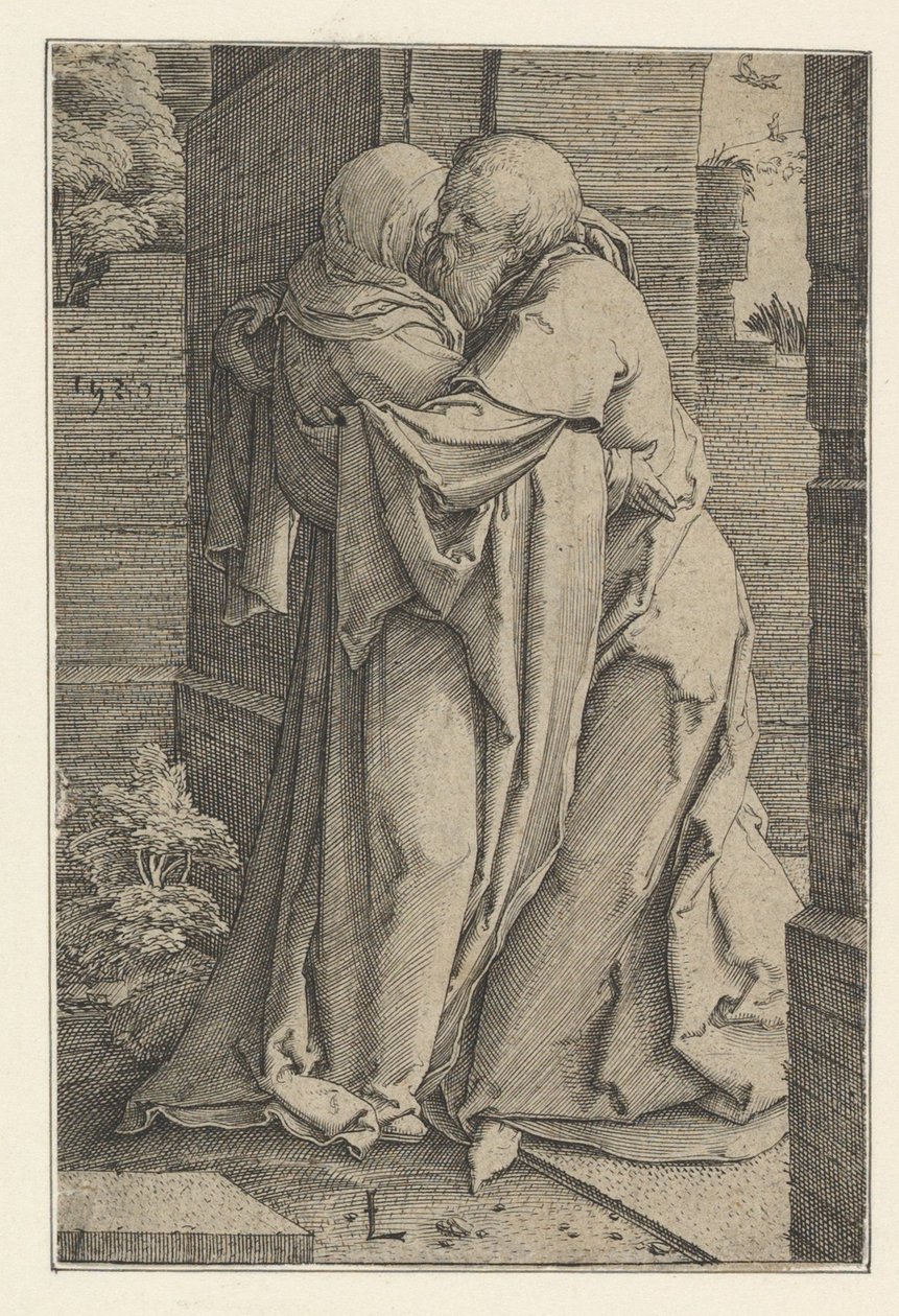 São Joaquim Abraçando Santa Ana, 1520. de Lucas van Leyden