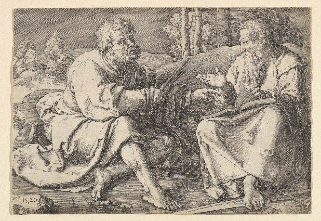 Sts. Peter e Paul assentados em uma paisagem, 1527. de Lucas van Leyden