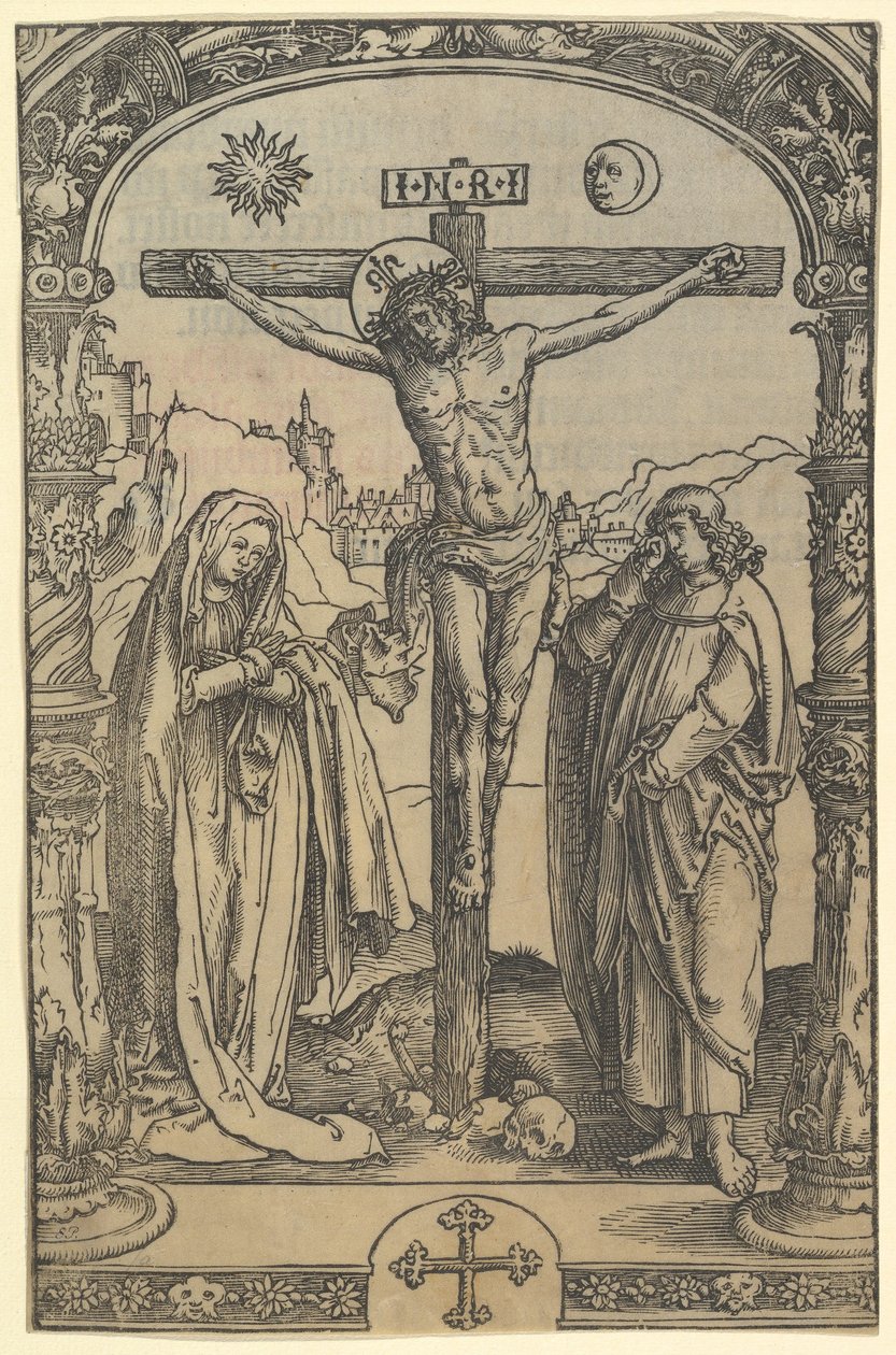 A crucificação usada no Missale Traiectense Utrecht Missal, Leiden, 1514, c. 1512. de Lucas van Leyden