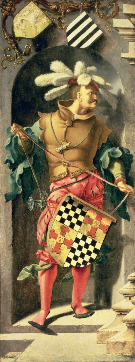 A Cura do Homem Cego de Jericó, painel do lado esquerdo do tríptico mostrando guerreiro com o brasão do patrono, 1531 (óleo sobre tela transferido do painel) de Lucas van Leyden
