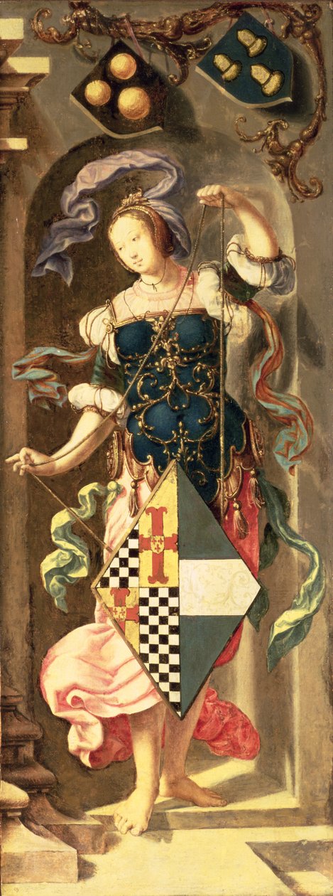 A Cura do Homem Cego de Jericó, painel lateral direito do tríptico mostrando jovem com o brasão do patrono, 1531 (óleo sobre tela transferido do painel) de Lucas van Leyden