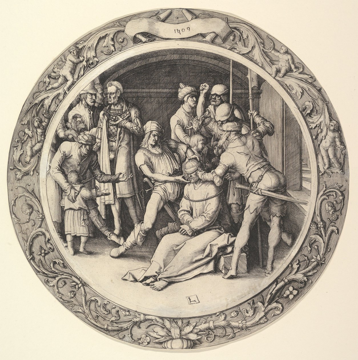 A zombaria de Cristo, da Paixão Circular, 1509. de Lucas van Leyden