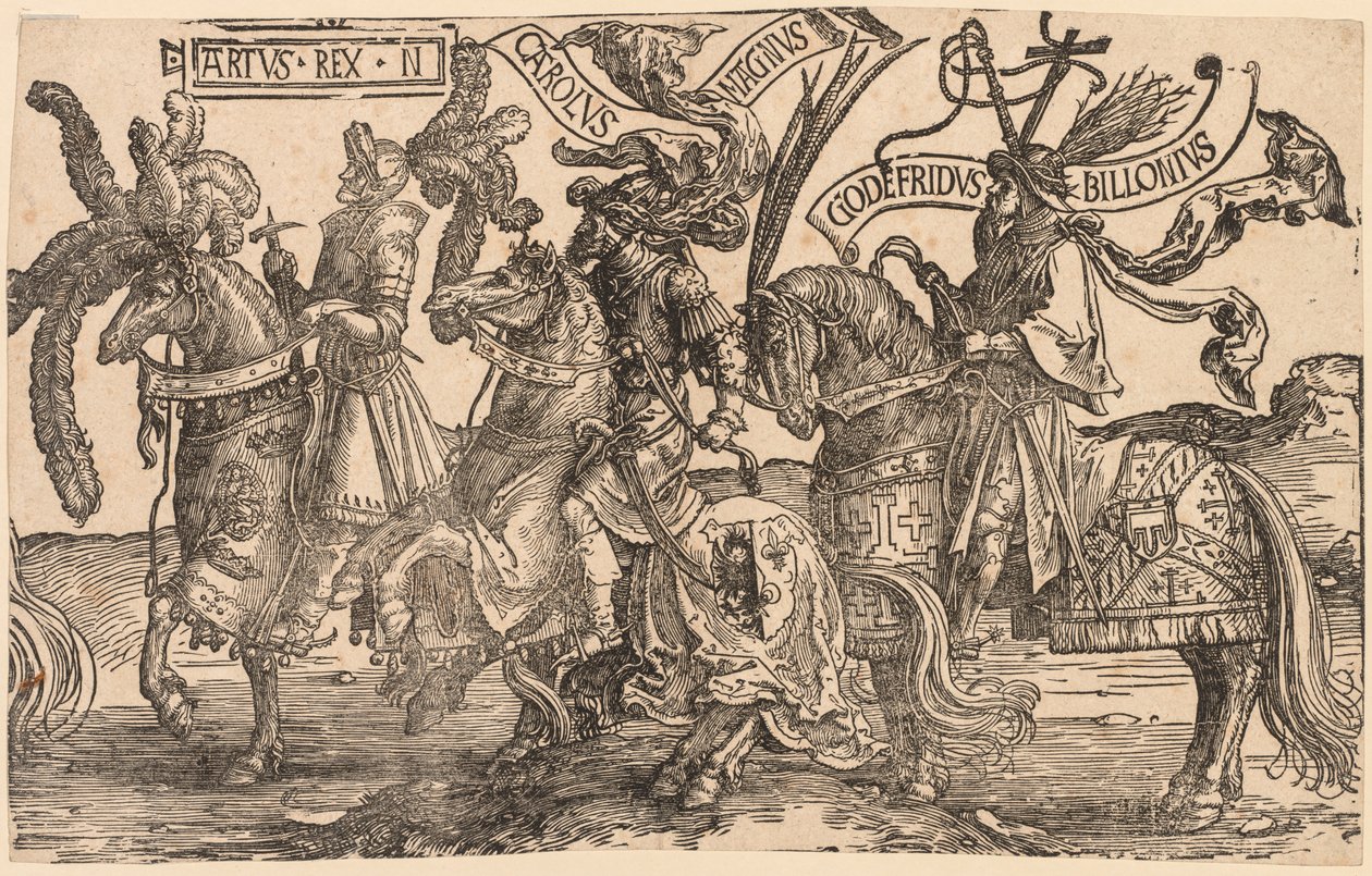 Os nove heróis: Arthur, Carlos, o Grande Carlos Magno, Godfrey de Bouillon, 1515-1517. de Lucas van Leyden