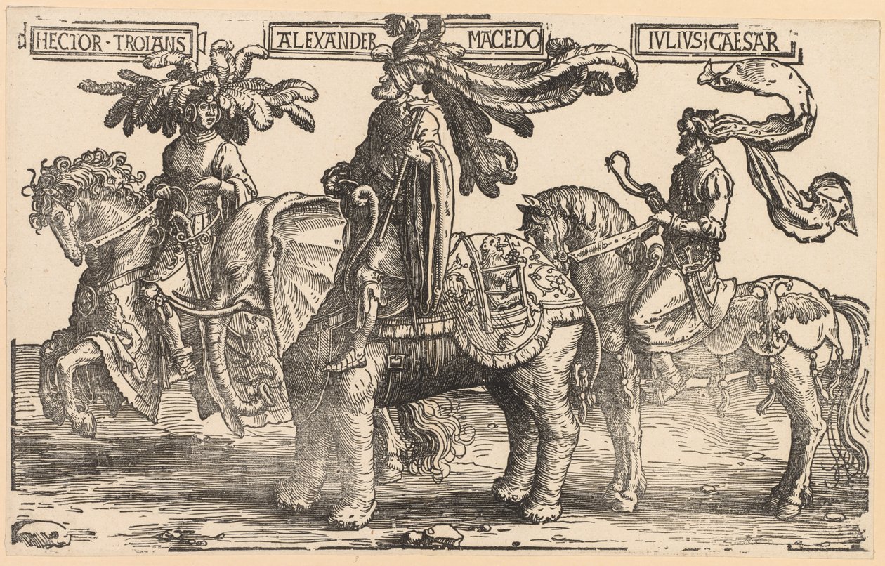 Os nove heróis: Heitor de Tróia, Alexandre da Macedônia, Júlio César, 1515-1517. de Lucas van Leyden