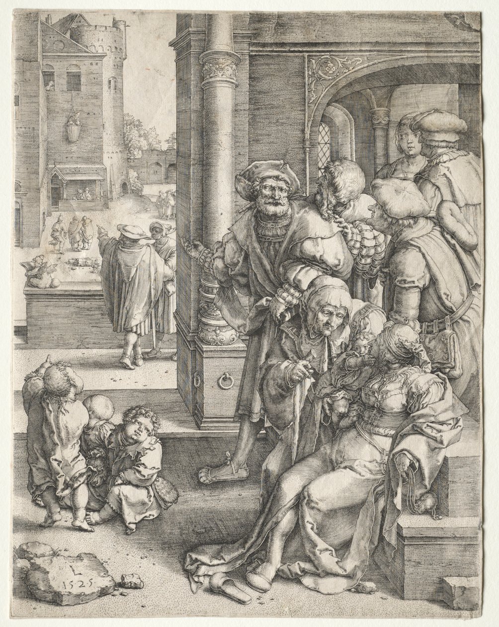 O poeta Virgílio suspenso em uma cesta, 1525. de Lucas van Leyden