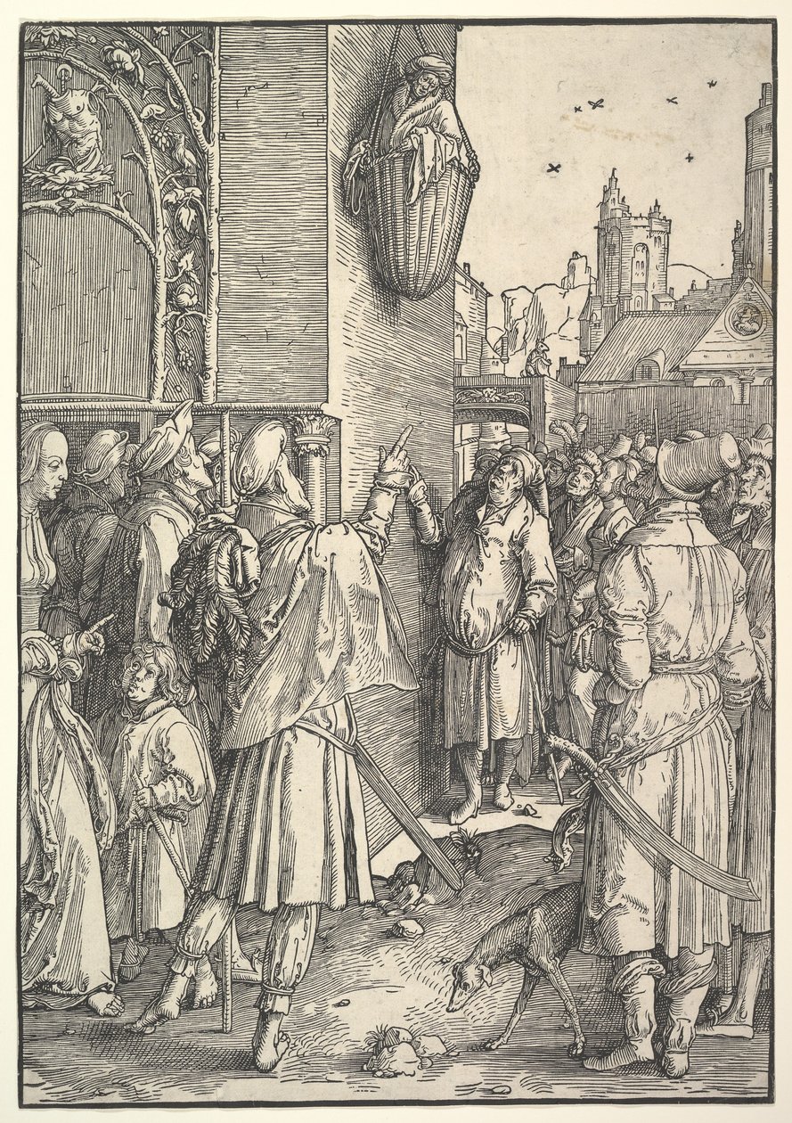 O poeta Virgílio em uma cesta, 1512. de Lucas van Leyden