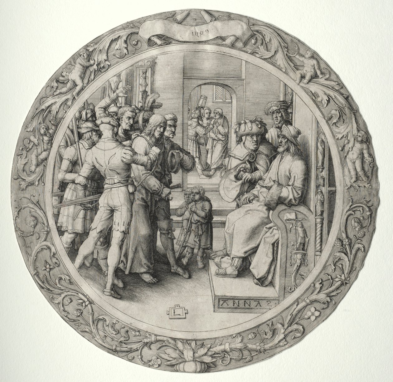 A Paixão Redonda: Cristo diante do Sumo Sacerdote, 1509. de Lucas van Leyden