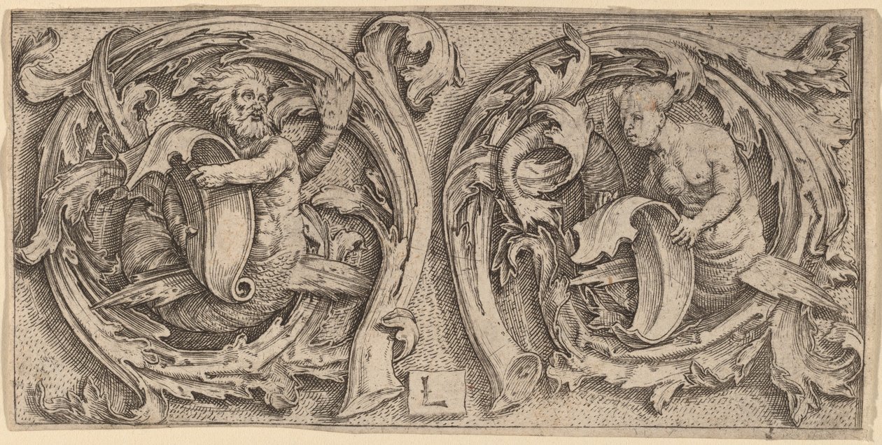 Tritão e sereia em gavinhas de Lucas van Leyden