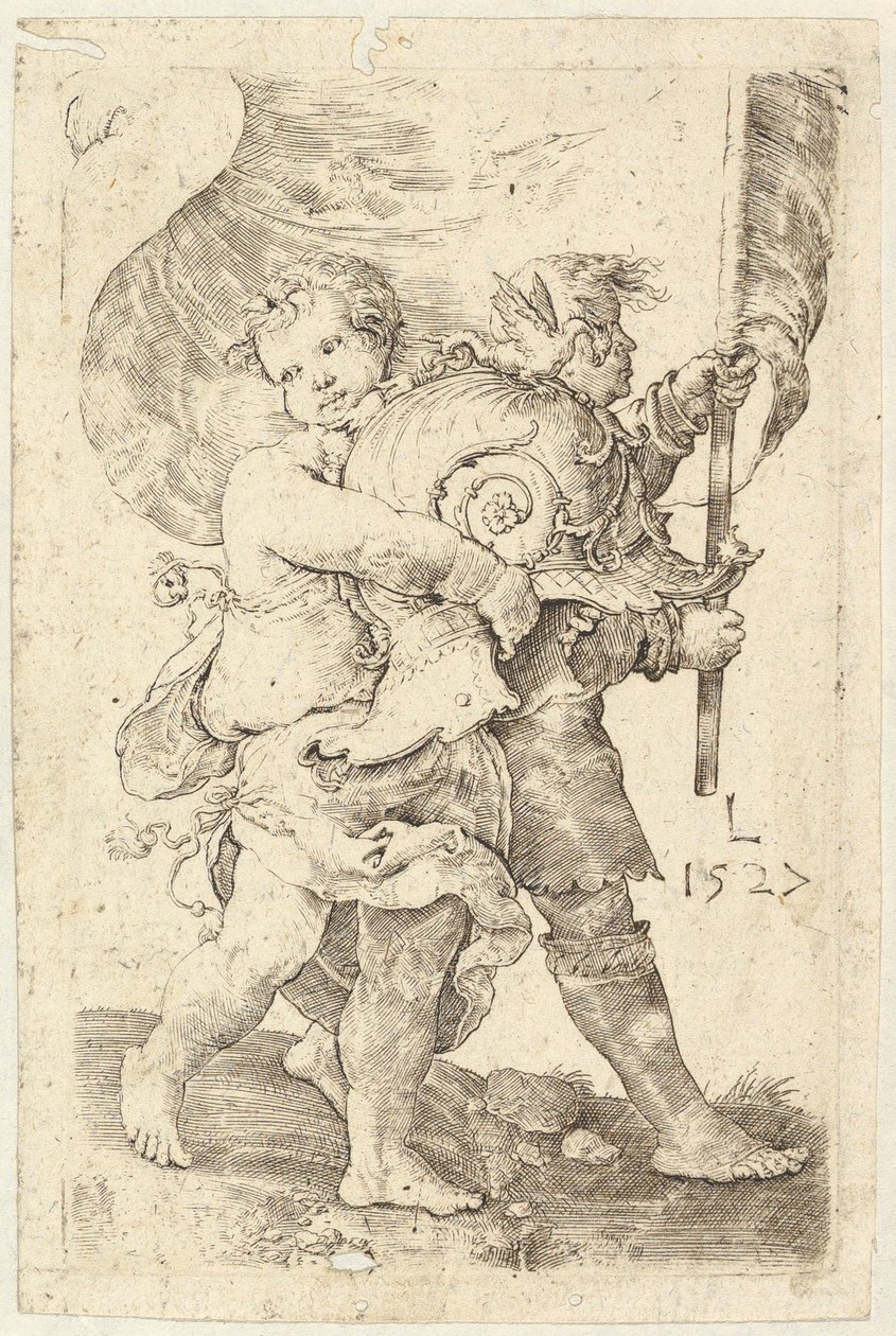 Dois meninos com capacete e estandarte, 1527. de Lucas van Leyden