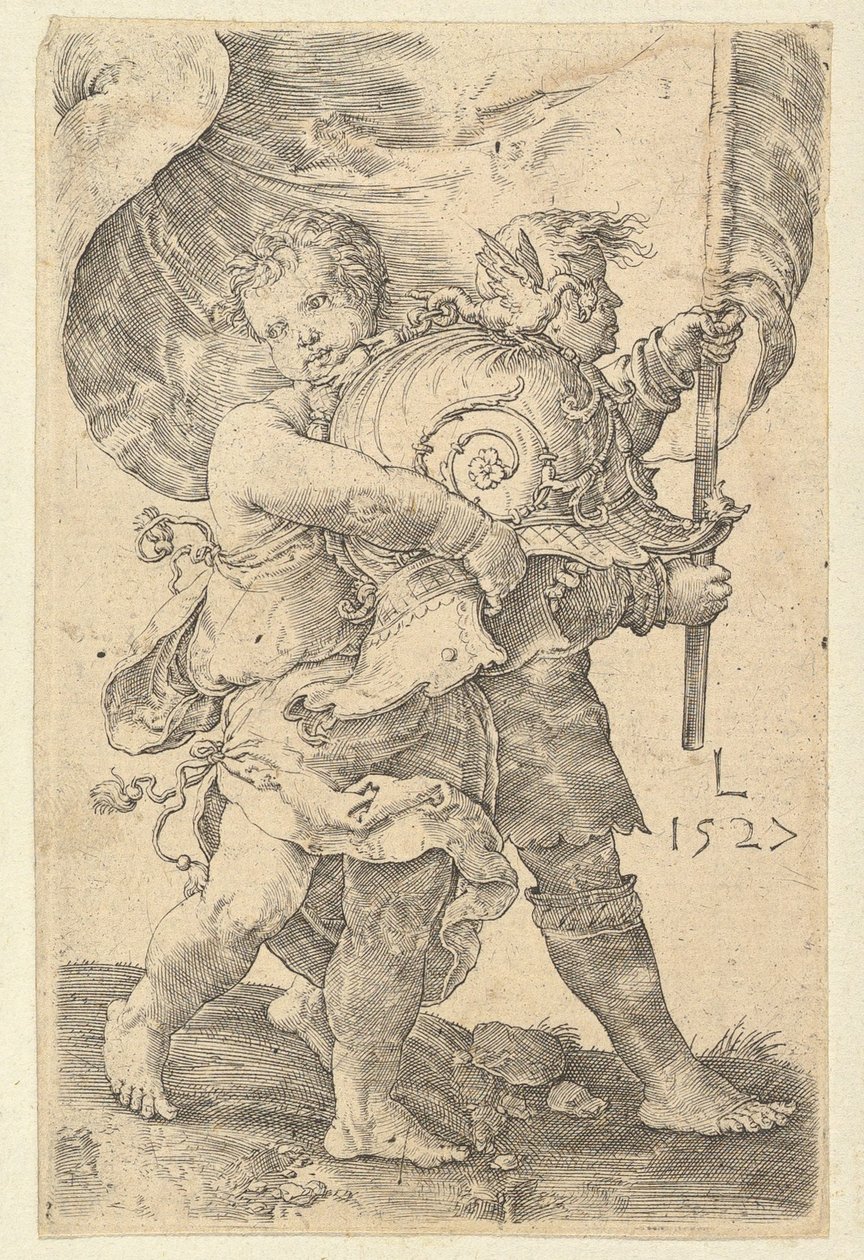 Dois meninos com capacete e padrão, 1527. de Lucas van Leyden