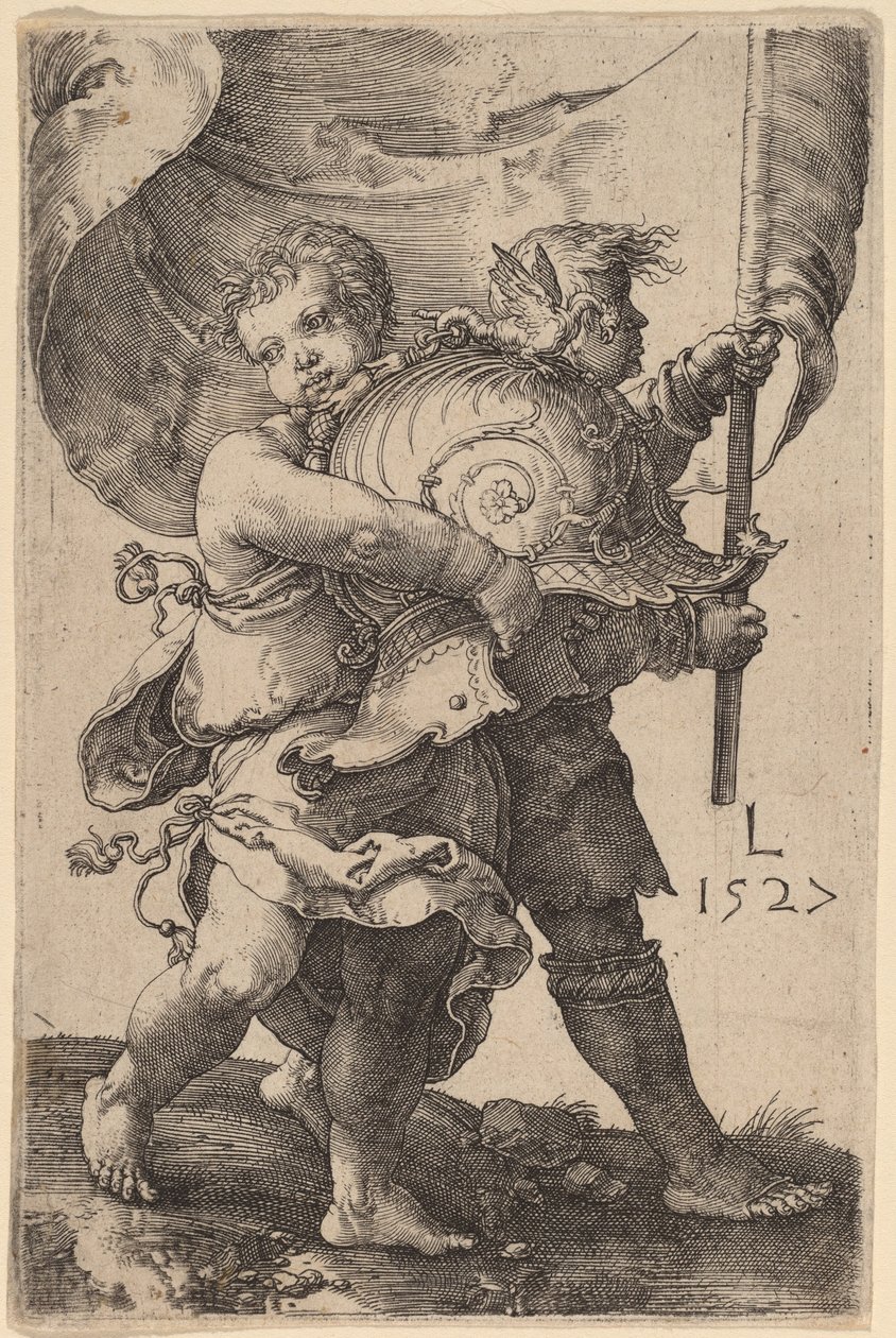 Dois meninos com um capacete e um estandarte de Lucas van Leyden