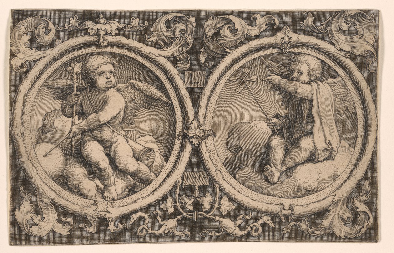 Dois cupidos sentados em nuvens de Lucas van Leyden