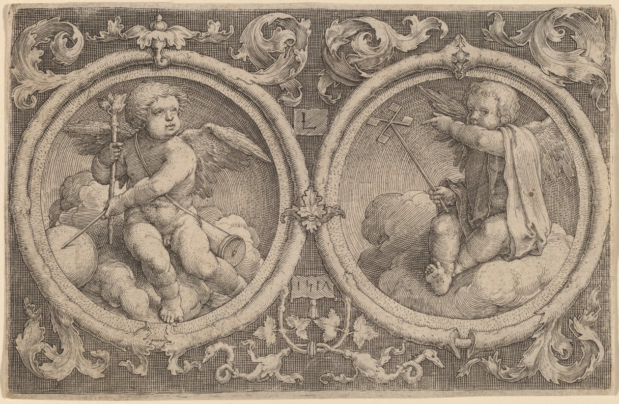 Dois Cupidos sentados em nuvens em dois círculos de Lucas van Leyden