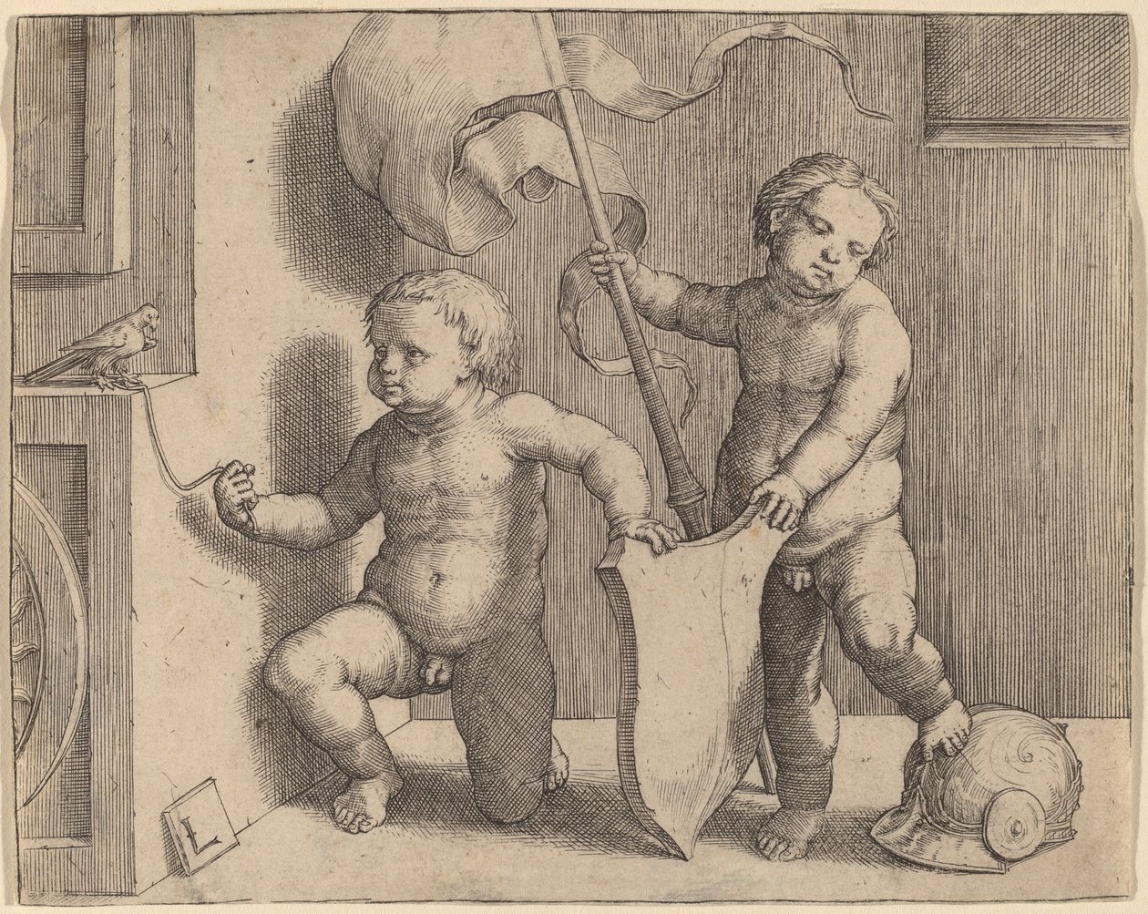 Duas crianças nuas apoiando um escudo em branco de Lucas van Leyden