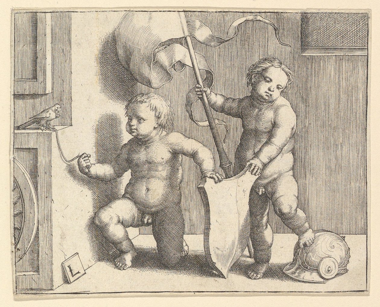 Duas crianças nuas apoiando um escudo em branco, ca. 1510 de Lucas van Leyden