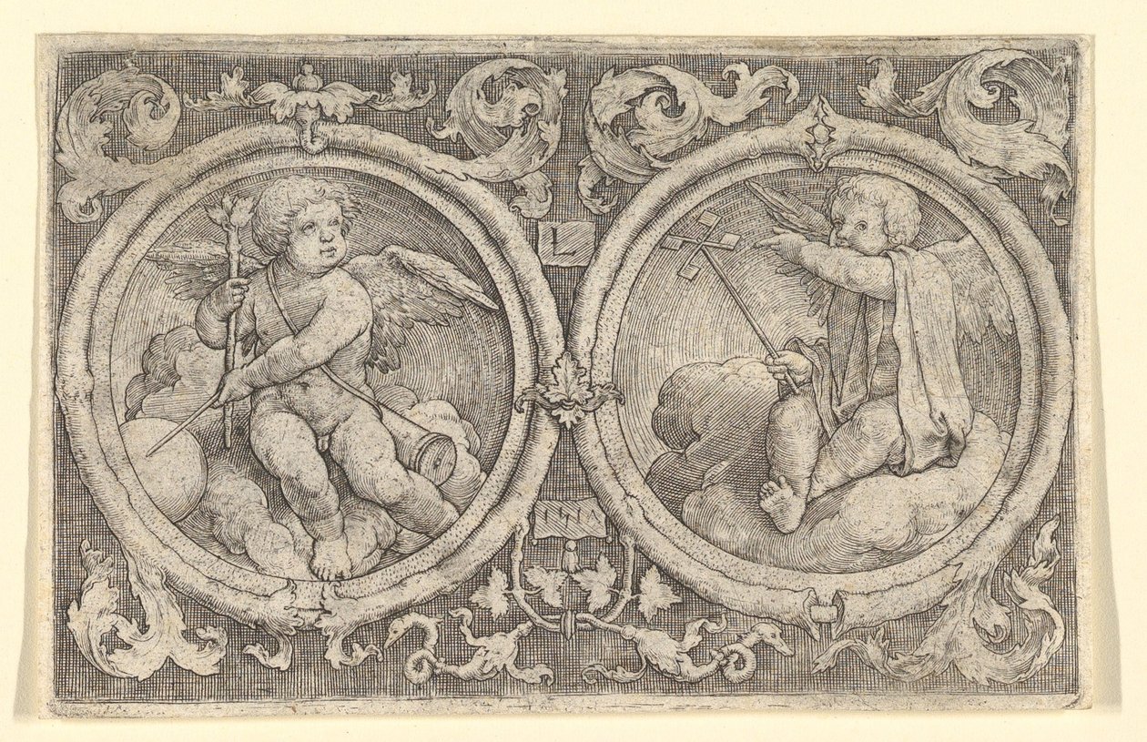 Dois Putti Sentados em Nuvens em Círculos com Tendrils, 1517. de Lucas van Leyden