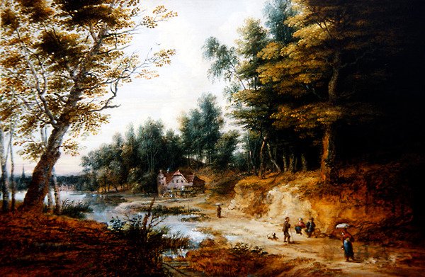 Uma Paisagem arborizada (óleo sobre cobre) de Lucas van Uden