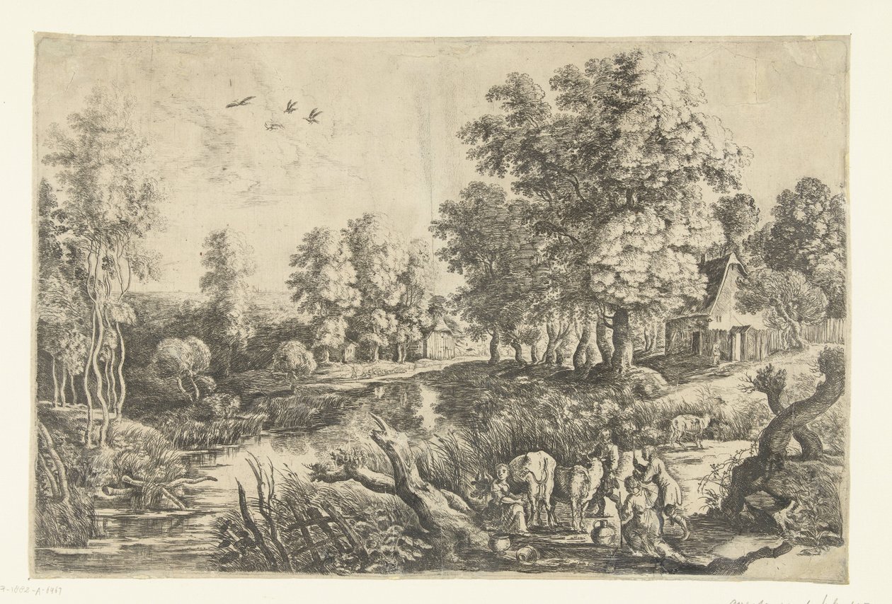 Agricultores com gado por um ribeiro de Lucas van Uden