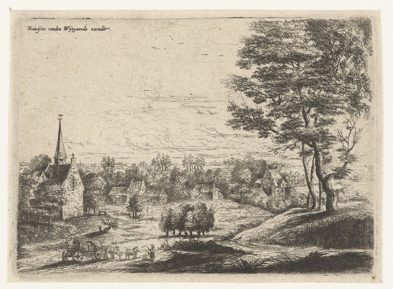 Vista de uma aldeia com uma carroça coberta
Cinco paisagens (título da série) de Lucas van Uden