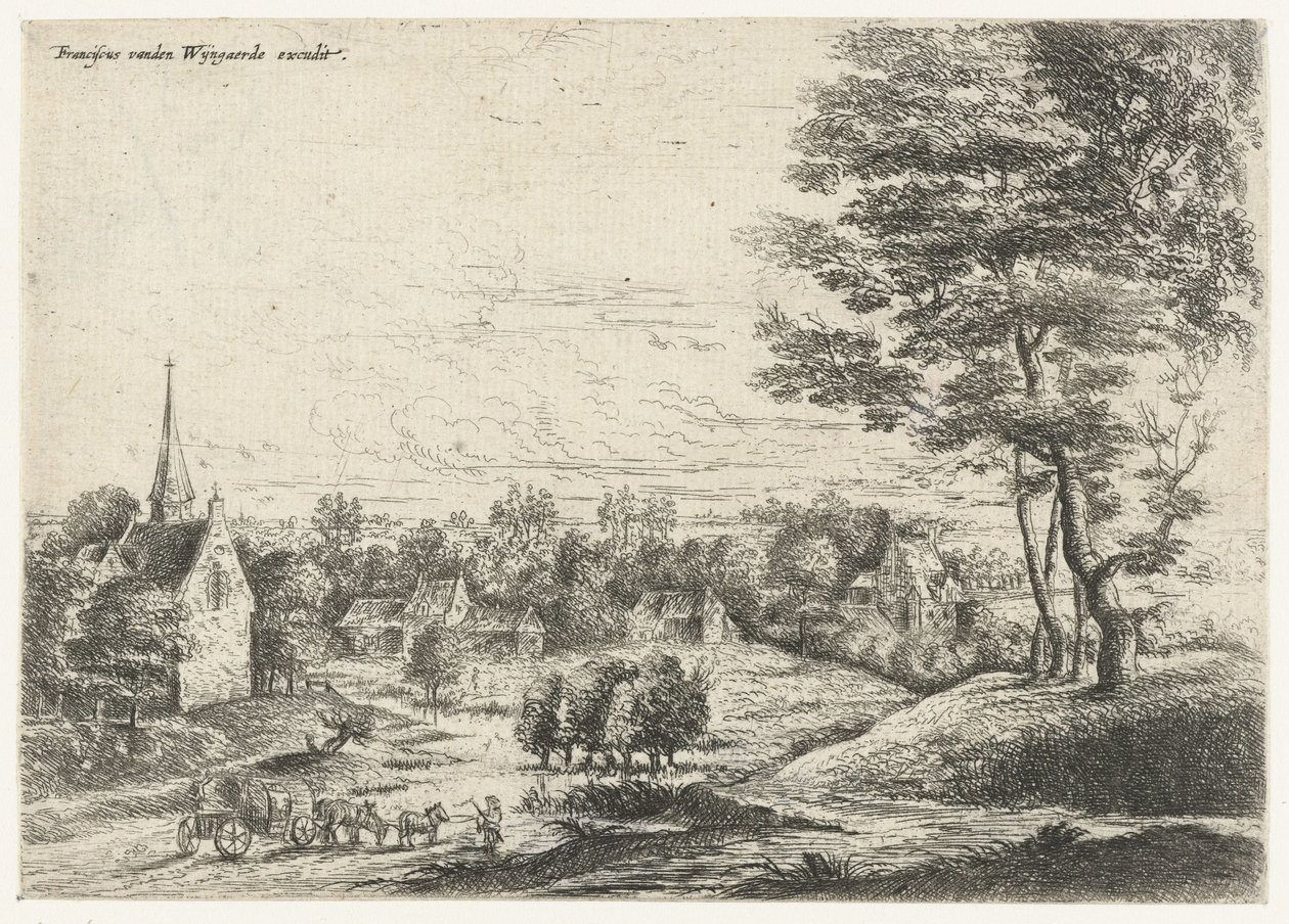 Vista de uma aldeia com uma carroça coberta
Cinco paisagens (título da série) de Lucas van Uden
