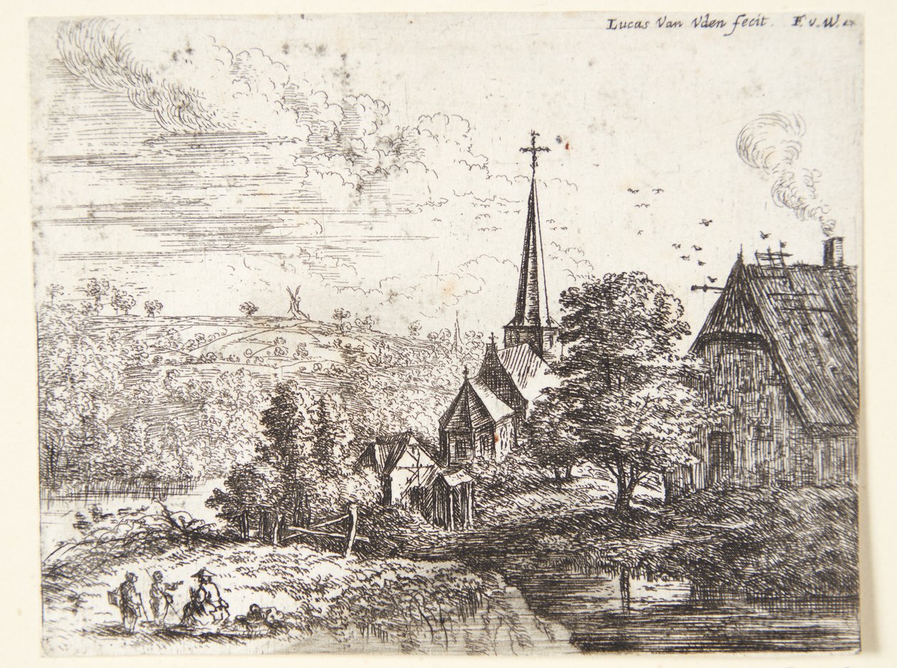 Aldeia junto a um rio, em primeiro plano três figuras de Lucas van Uden