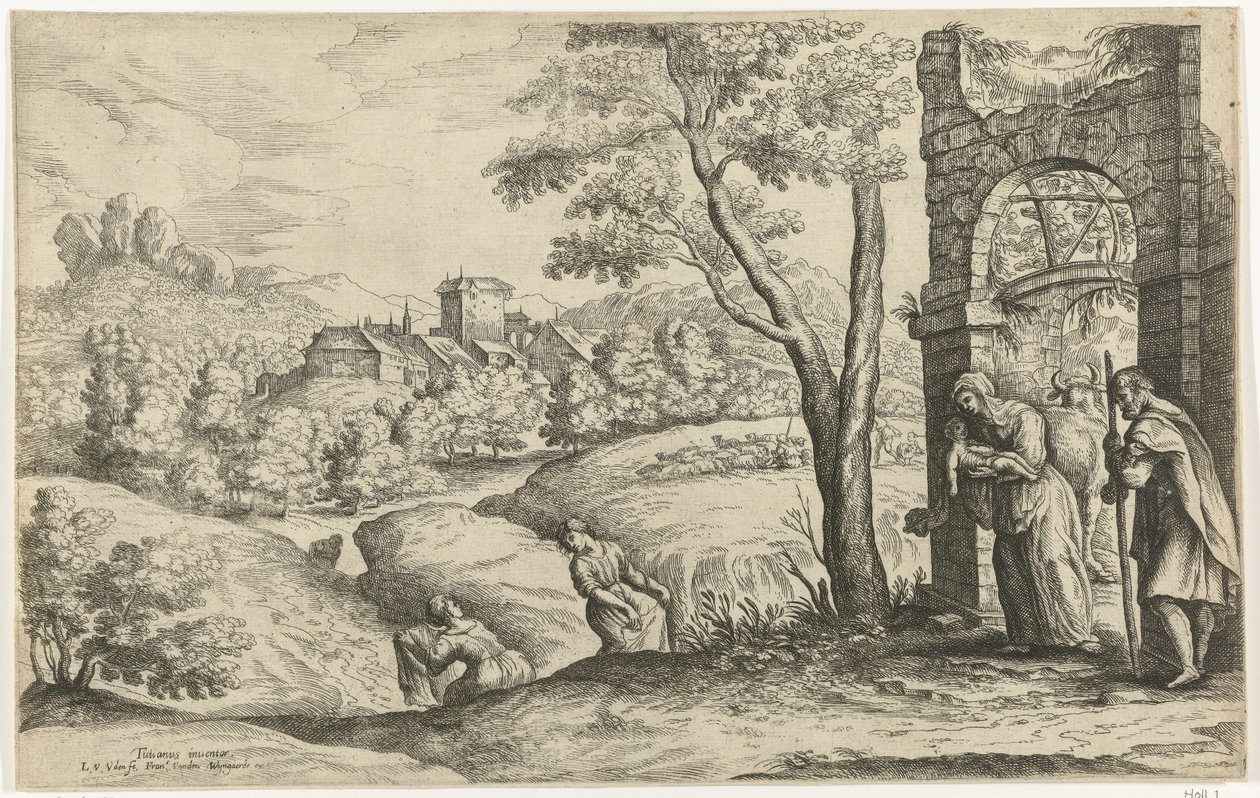 Paisagem com a família santa e duas parteiras de Lucas van Uden