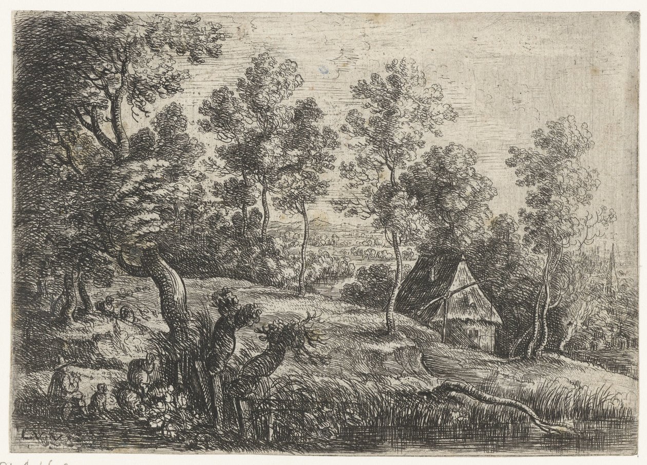 Paisagem com uma casa e um poço Cinco paisagens (título da série) de Lucas van Uden