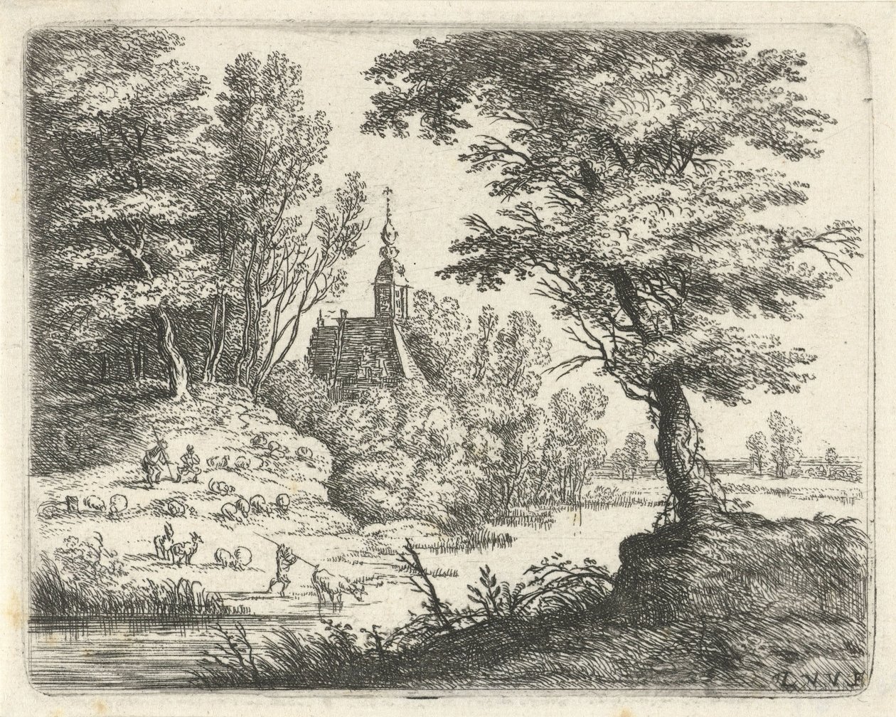 Paisagem com pastores e gado junto a um rio
Pequenas paisagens (título da série) de Lucas van Uden