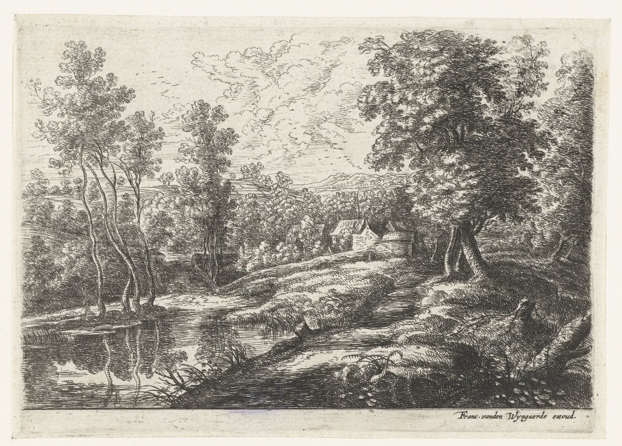 Paisagem com casas e uma igreja cercada por uma parede Cinco paisagens (título da série) de Lucas van Uden