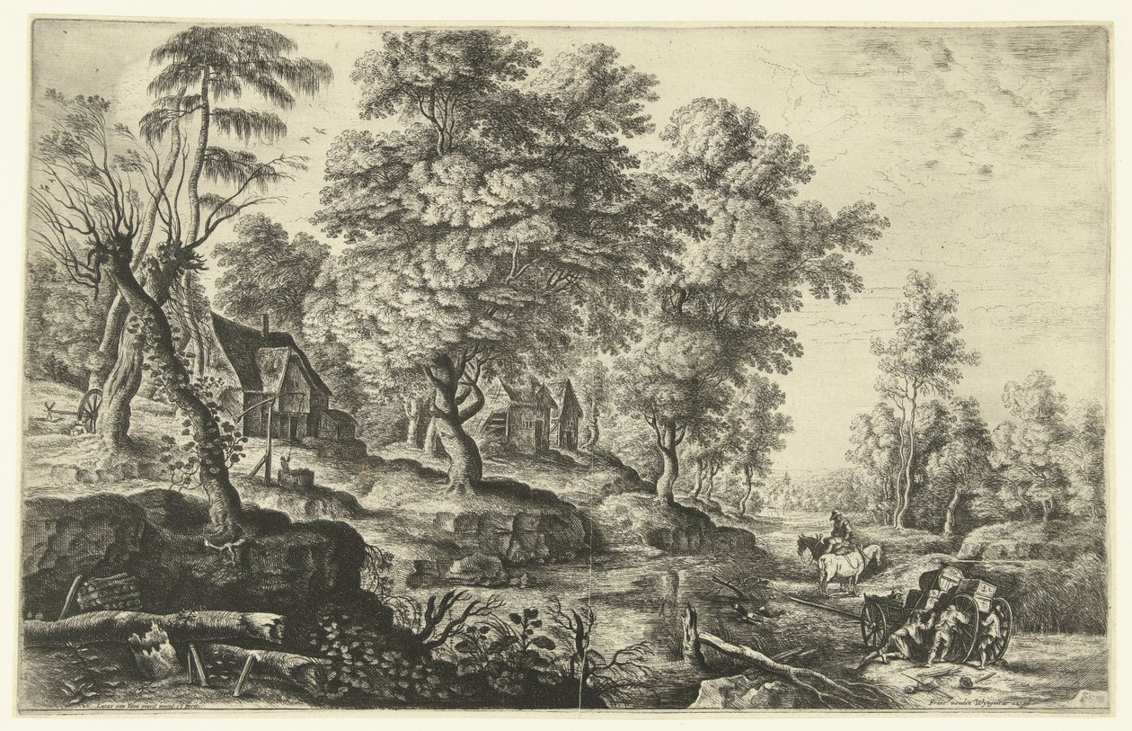 Paisagem com homens empurrando uma carruagem de Lucas van Uden