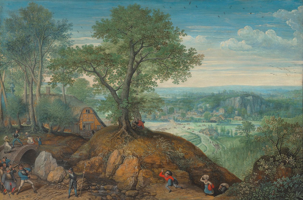 Paisagem extensa com soldados saqueadores de Lucas van Valckenborch