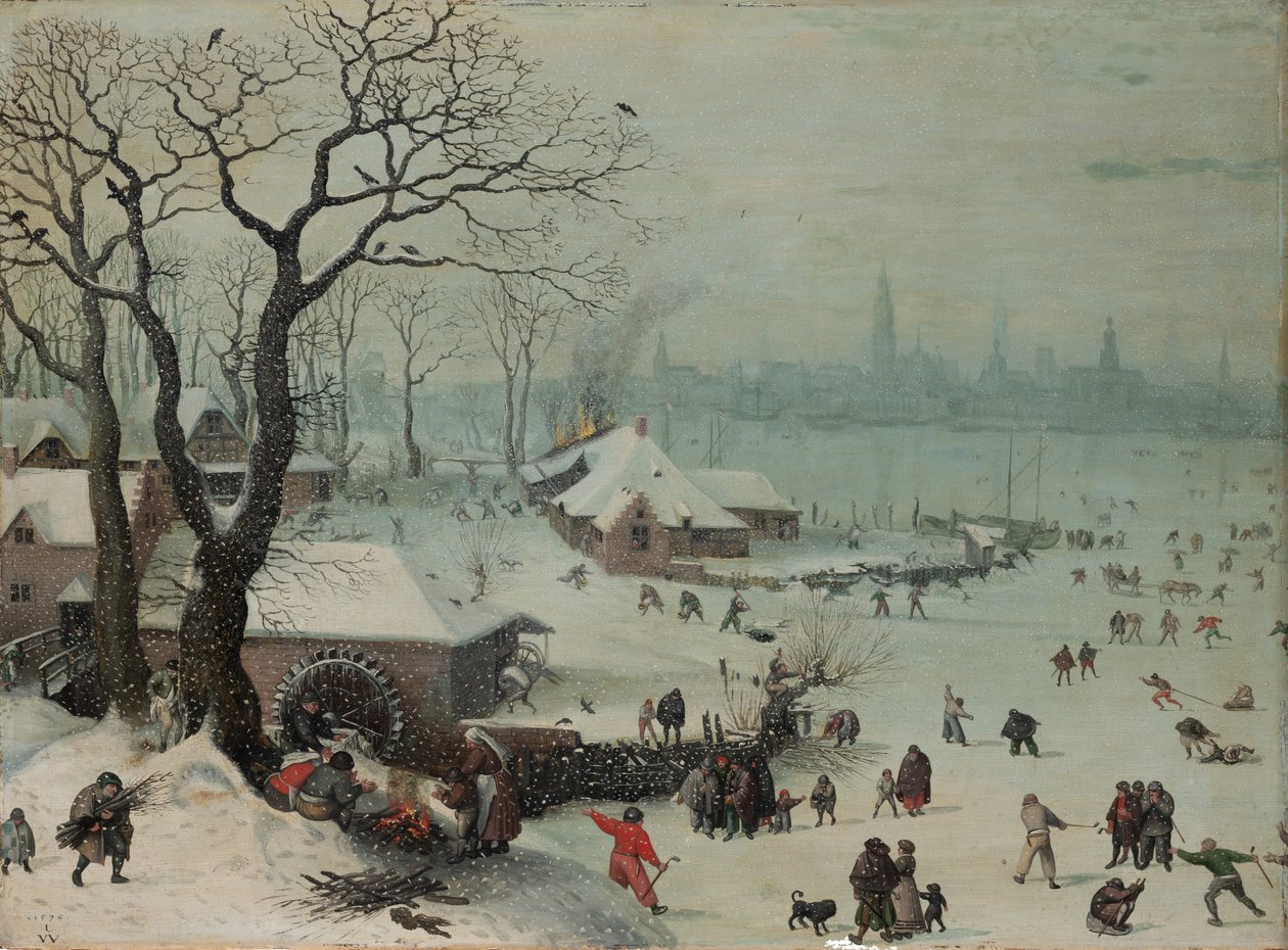 Paisagem de inverno com queda de neve perto de Antuérpia de Lucas van Valckenborch