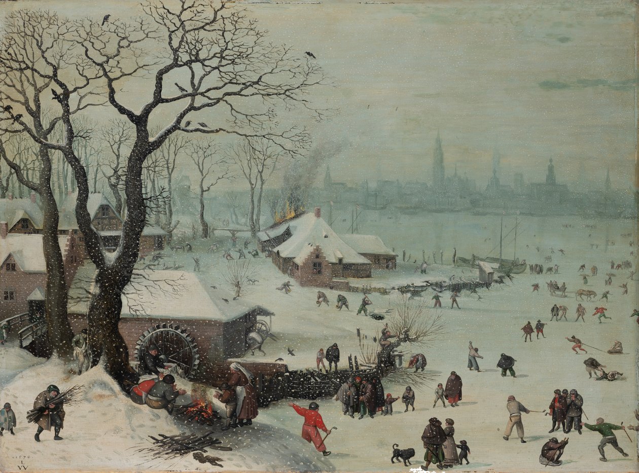 Paisagem de inverno com queda de neve perto de Antuérpia de Lucas van Valckenborch