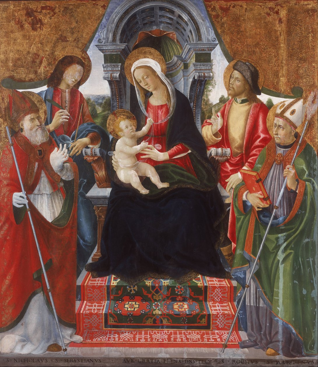 A Virgem e o Menino com os Santos Nicolau, Sebastião, Roch e Martin de Lucchese School Late 15th Century
