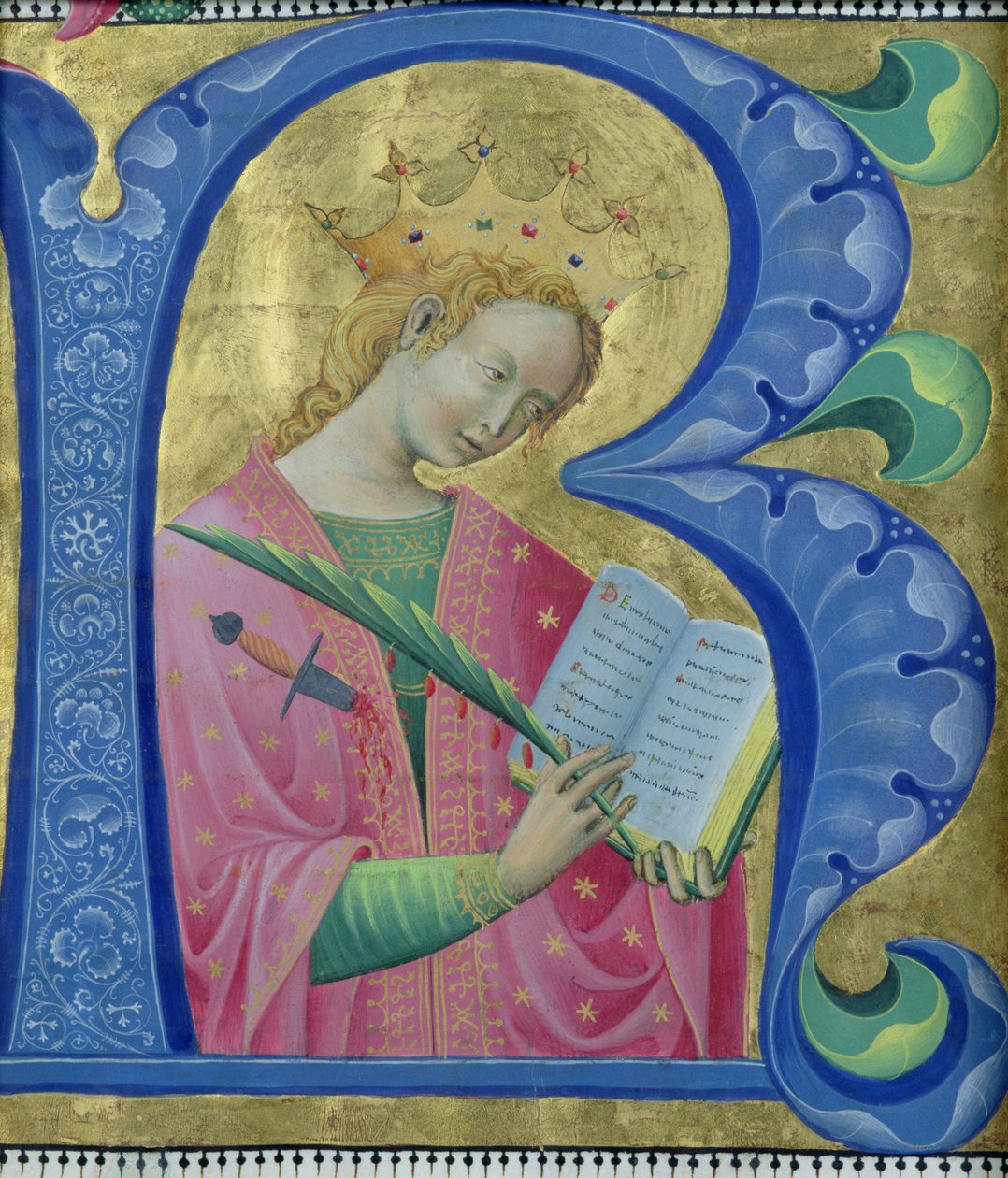 R inicial iluminado que descreve St. Catherine de Alexandria, escola de Lombardy de Luchino Belbello