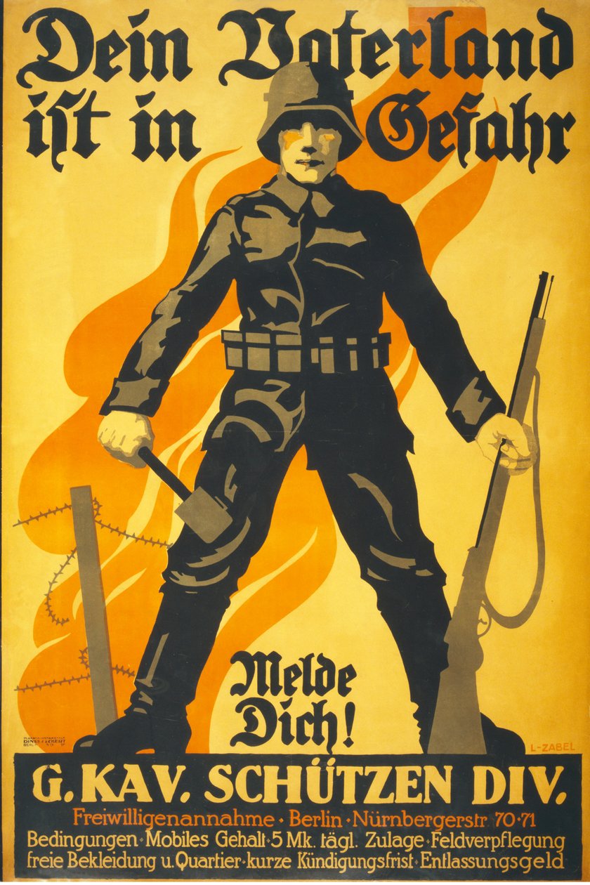 Poster alemão do recrutamento &39;sua pátria está no perigo, registo!&39; pub. Berlim c.1914-16 de Lucian Zabel