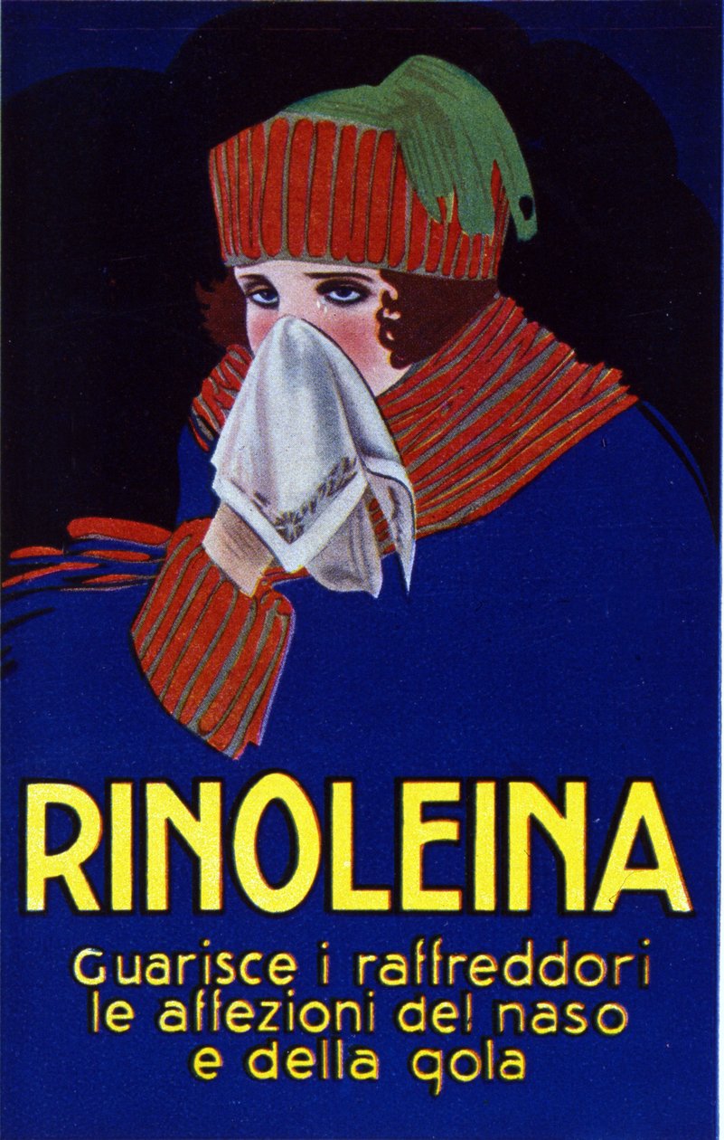 Publicidade ao medicamento Rinoleina contra constipações, dores de garganta e tosse. Ilustração de Lucien Achille Mauzan (1883 - 1952). de Luciano Achille Mauzan