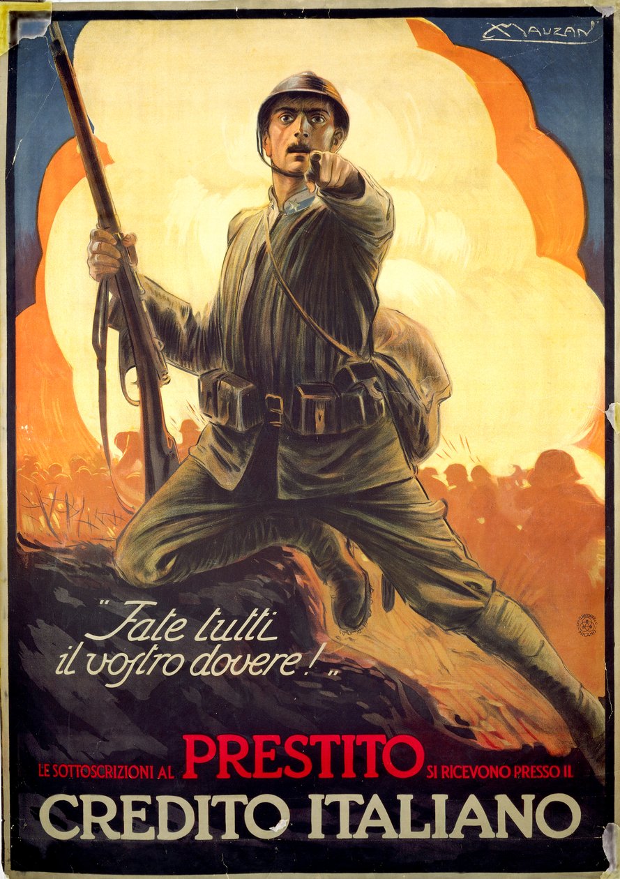 Cartaz italiano de propaganda da Primeira Guerra Mundial a anunciar os laços de guerra de Luciano Achille Mauzan