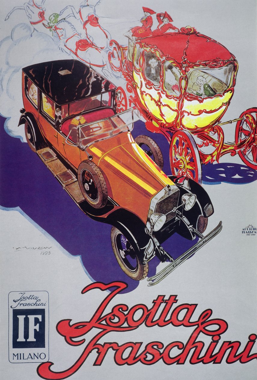 Cartaz publicitário Isotta Faschini automóveis de Luciano Achille Mauzan