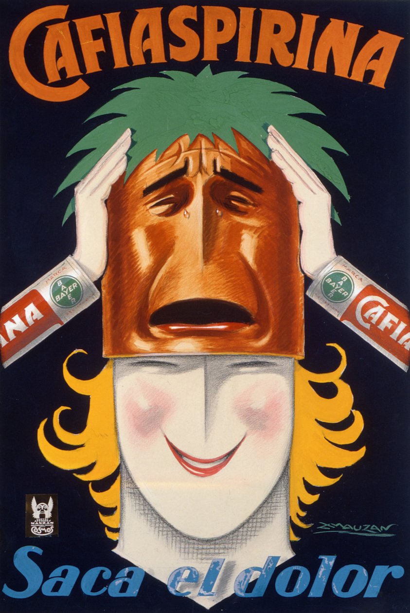 Poster produzido na Argentina para anunciar a aspirina Cafiaspirina (cor litho) de Luciano Achille Mauzan
