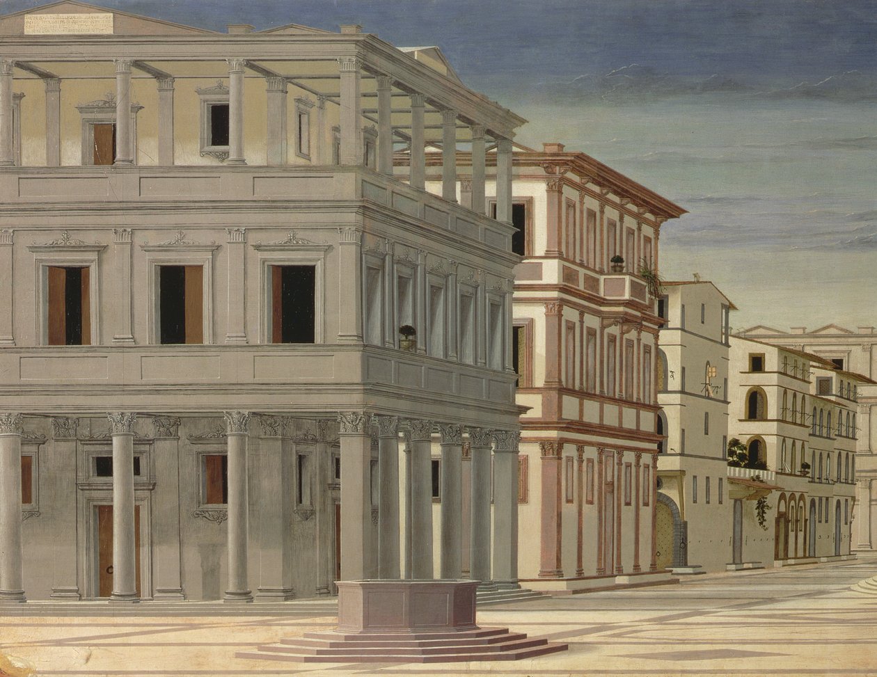 Vista de uma cidade ideal, ou a cidade de Deus, depois de 1470 detalhes de 80057 óleo no painel de Luciano Laurana