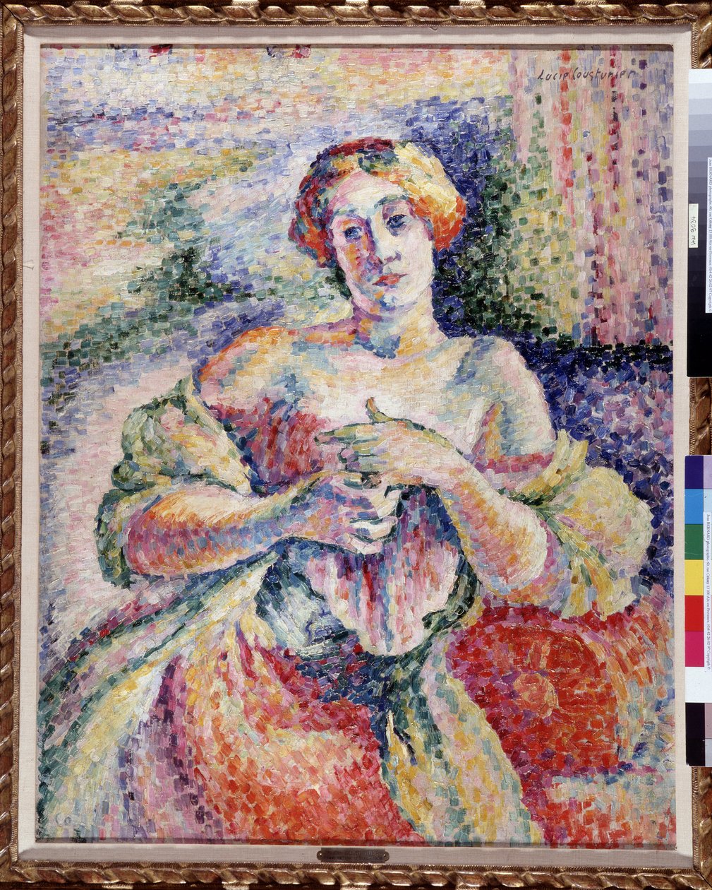 Mulher em rosa e azul jovem elegante com ombro desnudo. Pintura de Lucie Cousturier (1870-1925) 1908 Dim. 93x73 cm Menção obrigatória: Fundação da coleção a respeito de Provence, Marselha de Lucie Cousturier