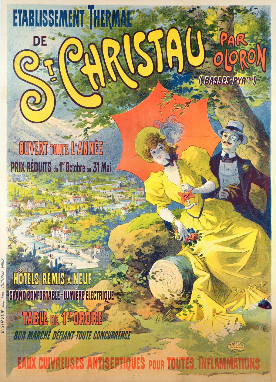 Cartaz publicitário do hotel de St Christau par Oloron, impresso por B. Sirven, Toulouse-Paris, c.1900 de Lucien Baylac