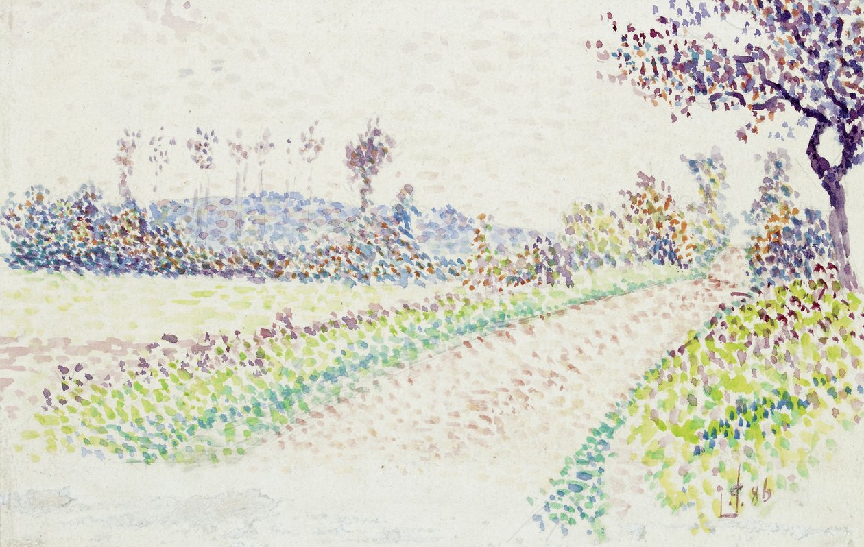 Estrada perto de Eragny, 1886 (aquarela sobre grafite em papel branco) de Lucien Pissarro