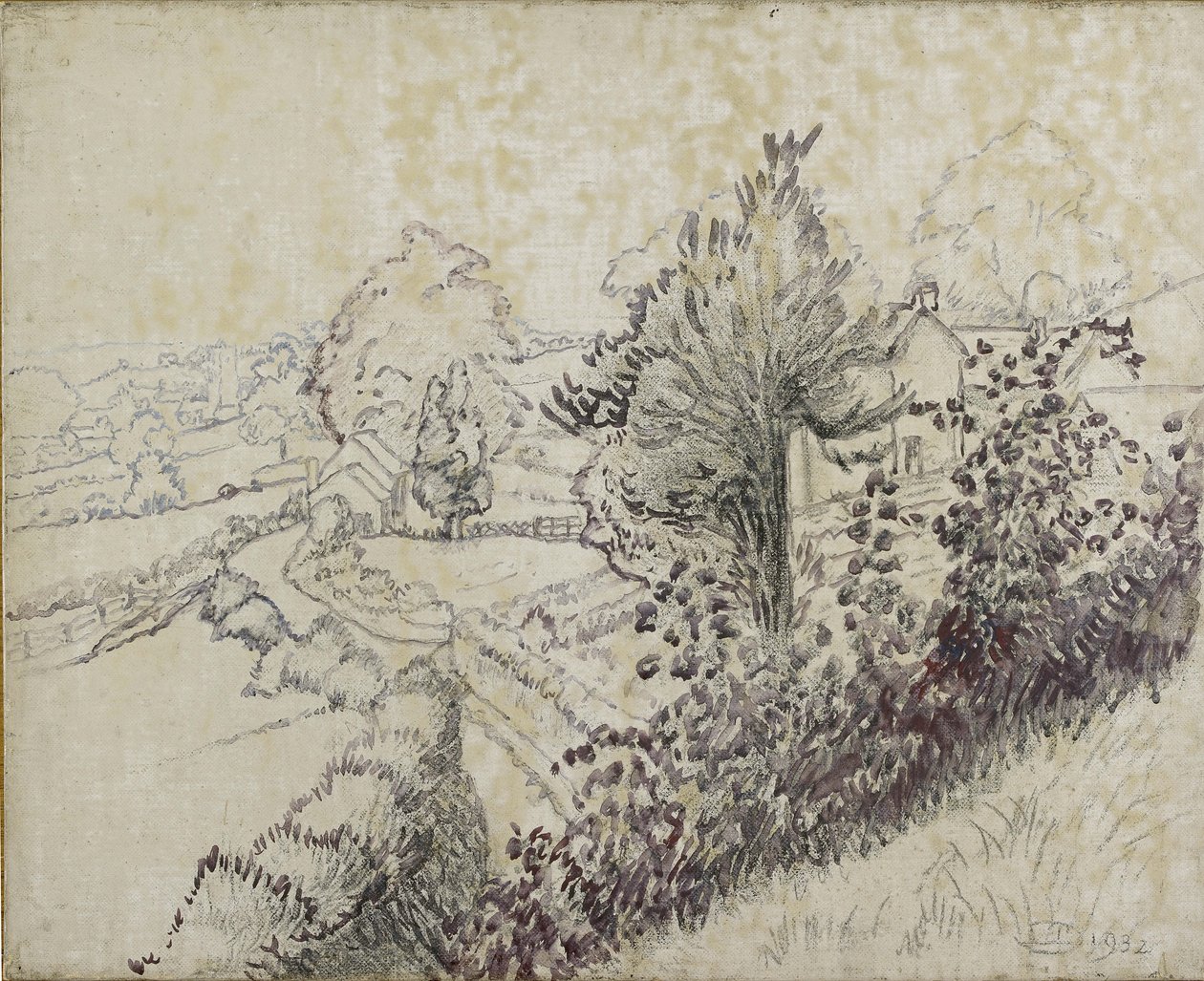 Vista de Leintwardine, 1932 (giz preto e lavagem a óleo sobre tela colocada a bordo) de Lucien Pissarro